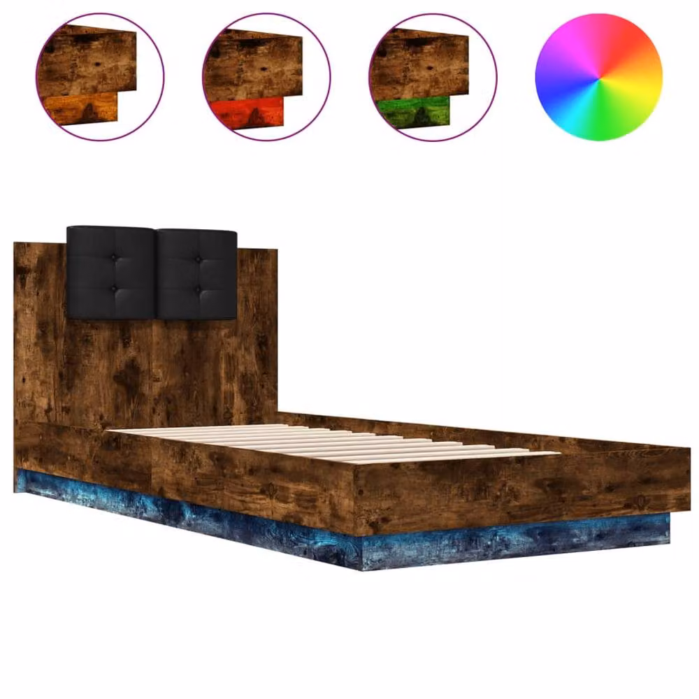 Berkfield Home Durable Bed Frame with LED Under-Bed Lighting in Smoked Oak Brown, W/D/H: 90 x 200 cm – 3