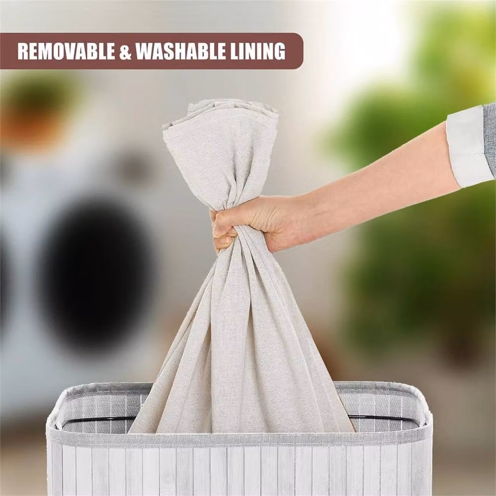 Nordara Rectangular Bamboo Laundry Basket with Lid, Handles and Removable Fabric Liner in White – 3