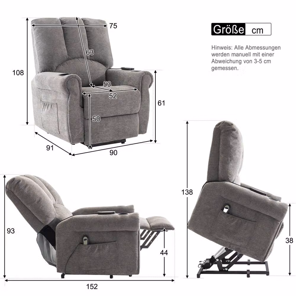 Rolipo Grey Fabric Electric Lift Chair with Heated Massage and Stand Assist – 6