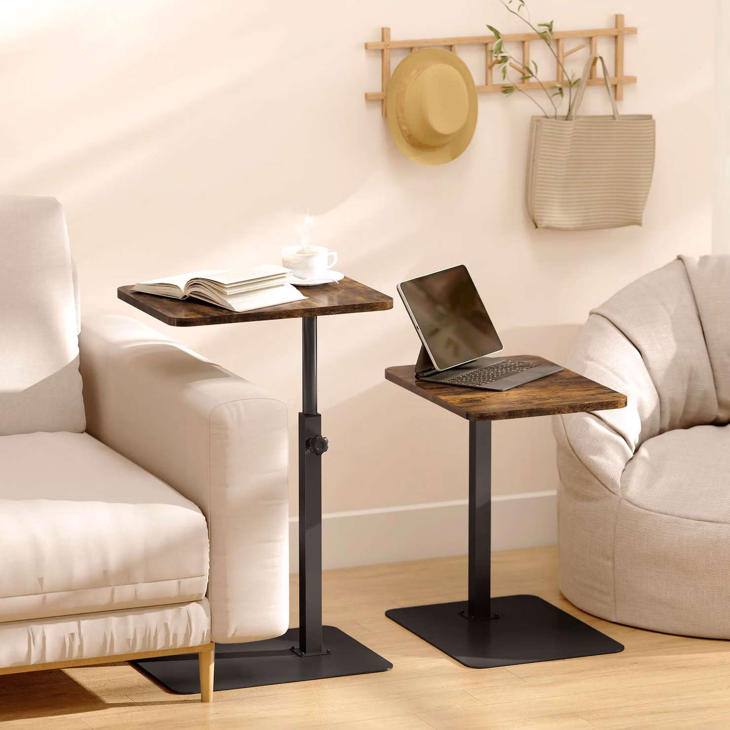 HOMCOM C Shaped Side Table with Adjustable Height and Metal Base in Rustic Brown and Black – 2