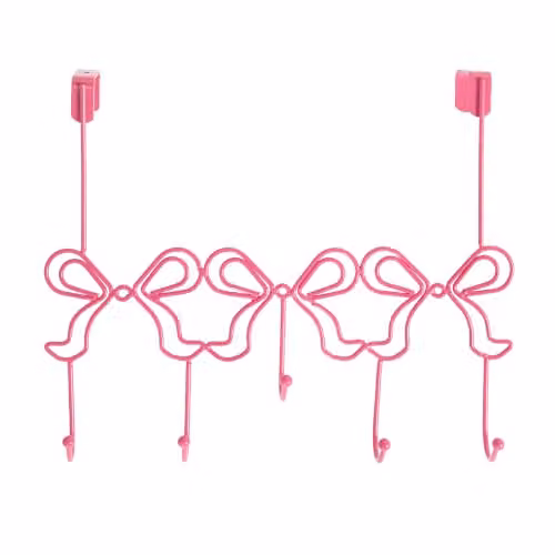 OHS Pink Bow Shaped Metal Over Door Hook Hanger with 5 Hooks for Coats, Bags and Towels – 1