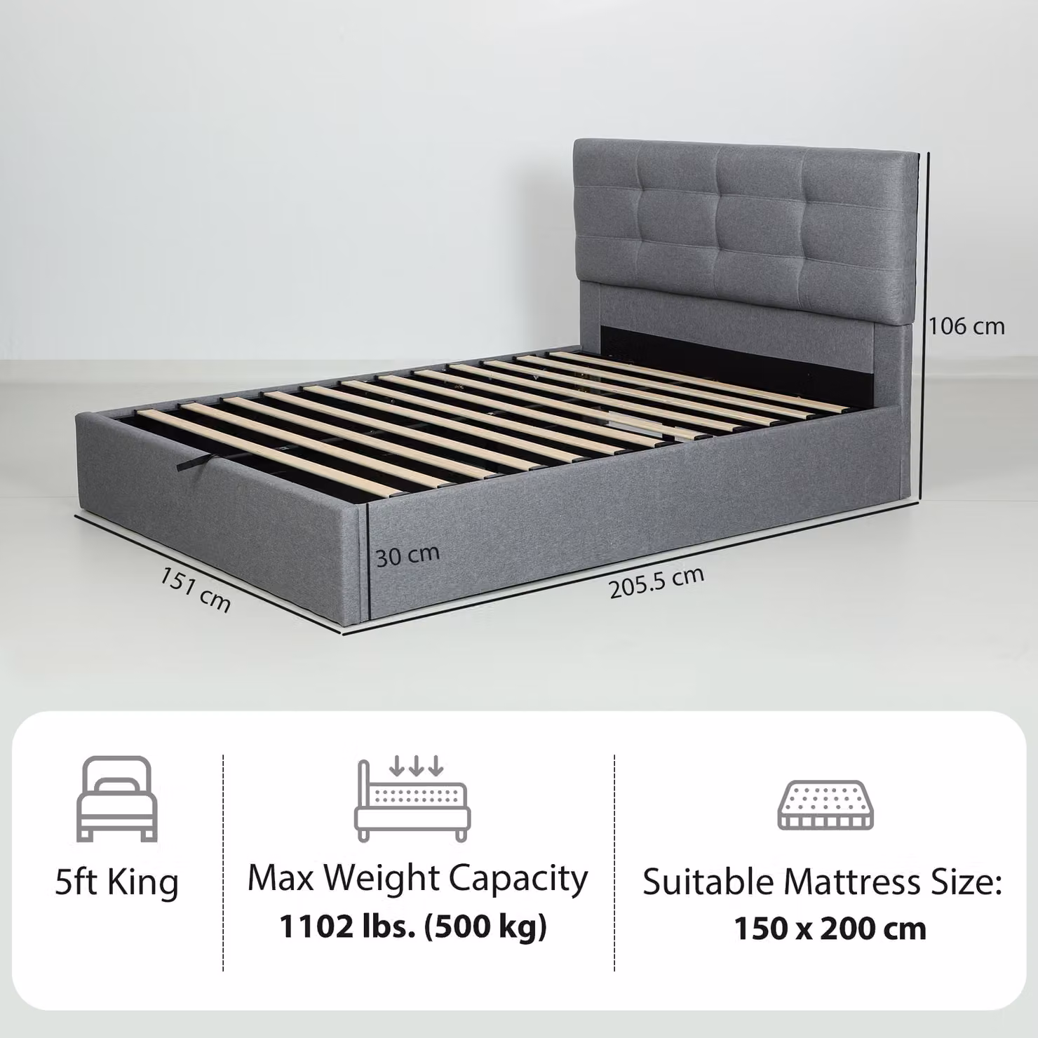 HOMCOM King Size Ottoman Bed with Gas Lift Storage, Grey – 3