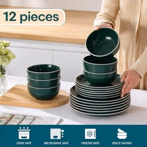 Emsa 12 Piece Stoneware Dinner Service Set in Green and White – 5