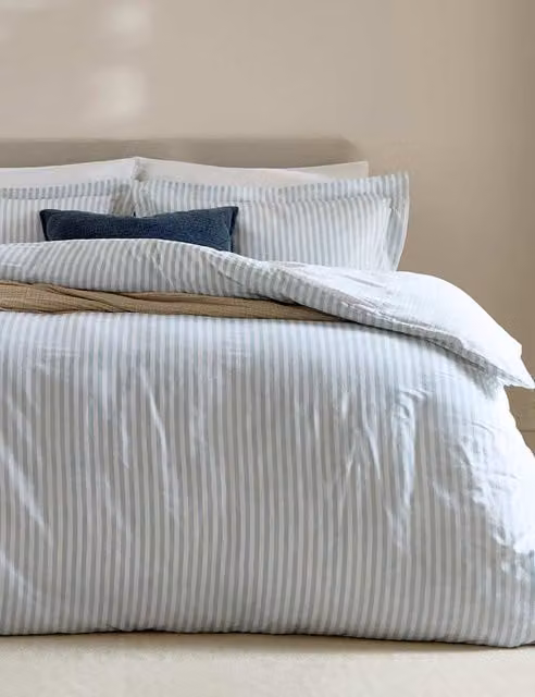 YARD Hebden Striped Reversible Cotton Duvet Cover Set, Light Blue, W: 180 cm, H: 200 cm
