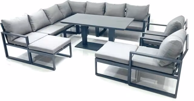 Fimous 11 Seater Outdoor Garden Furniture Set in Dark Grey with Powder Coated Aluminium Frame, Corner Sofa, 2 Chairs, 2 Large Footstools and Height Adjustable Dining Table – 1