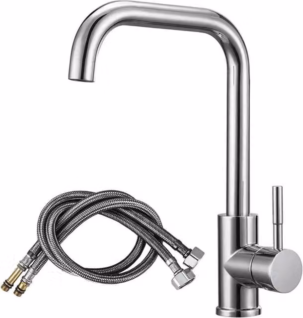 KORVIXA Modern Single Lever Kitchen Sink Mixer Tap in Silver Brushed Steel, W: 52 cm, H: 34.5 cm, D: 34.5 cm – 1