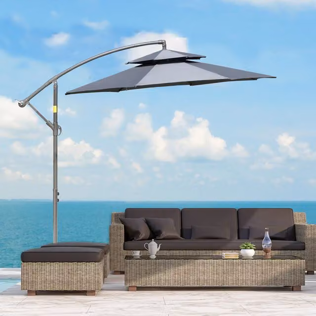 Outsunny 2.7m Double Tier Cantilever Banana Parasol with Crank Handle in Dark Grey