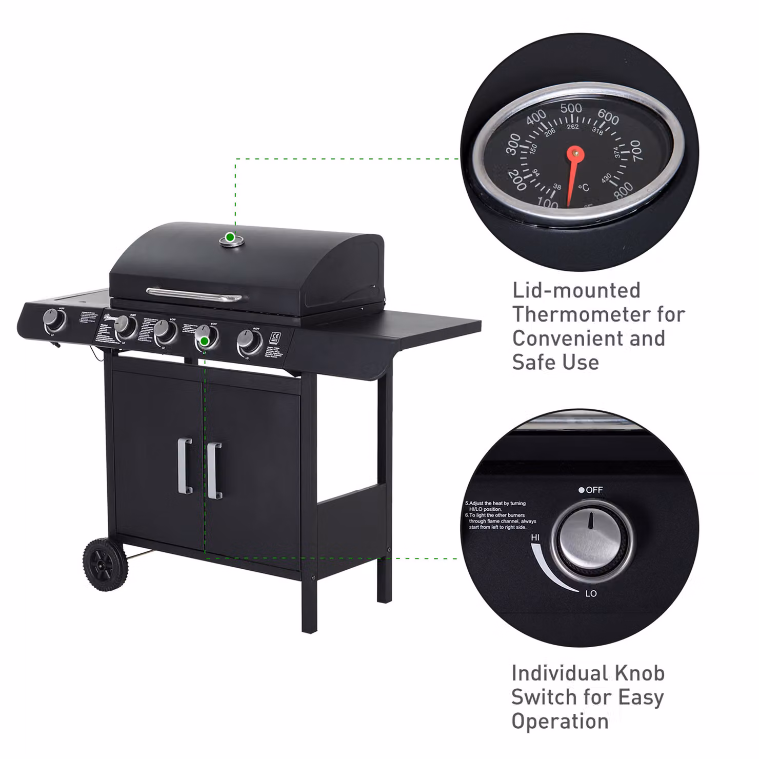 Outsunny 4+1 Gas Burner BBQ Trolley with Side Burner, Smoker, and Storage Side Table in Black – 6
