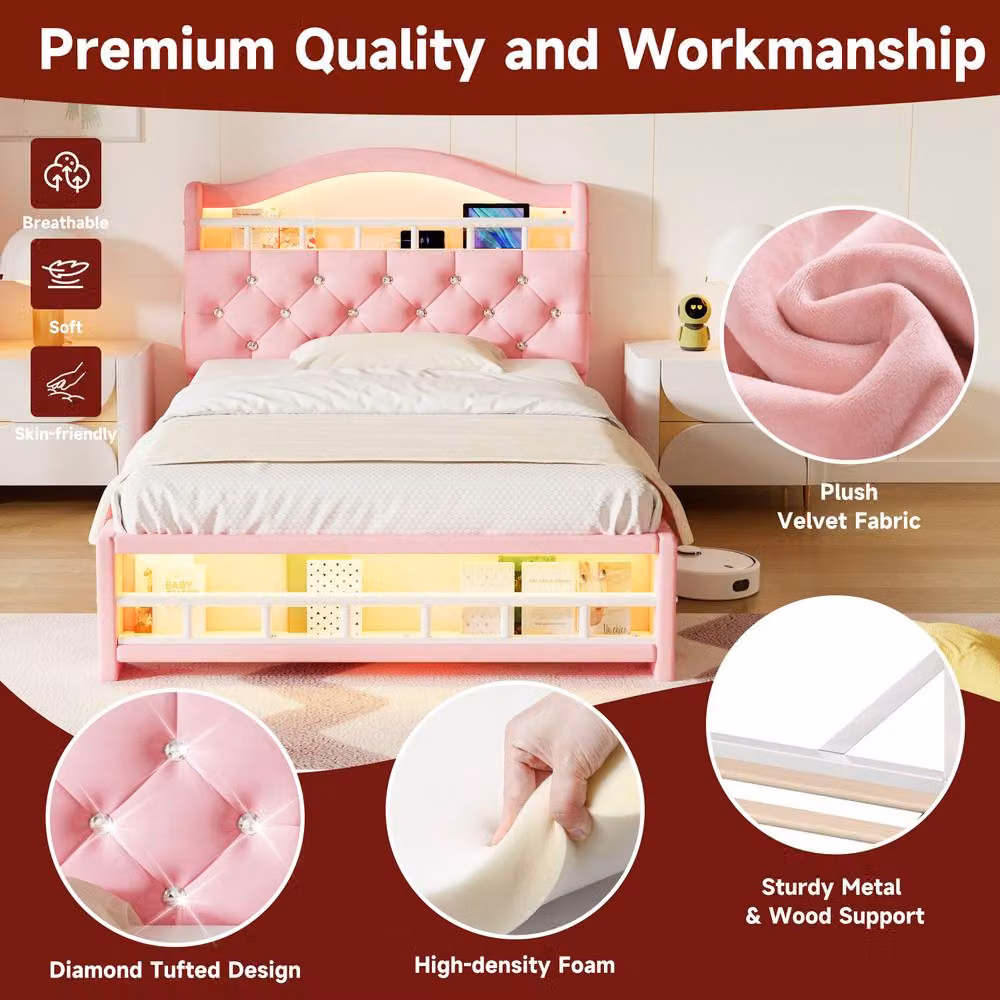 STILVORA Pink Velvet Upholstered 3ft Single Bed Frame with USB Charging Port and Under-bed Lighting, W: 90 cm, L: 190 cm, H: 117 cm – 3
