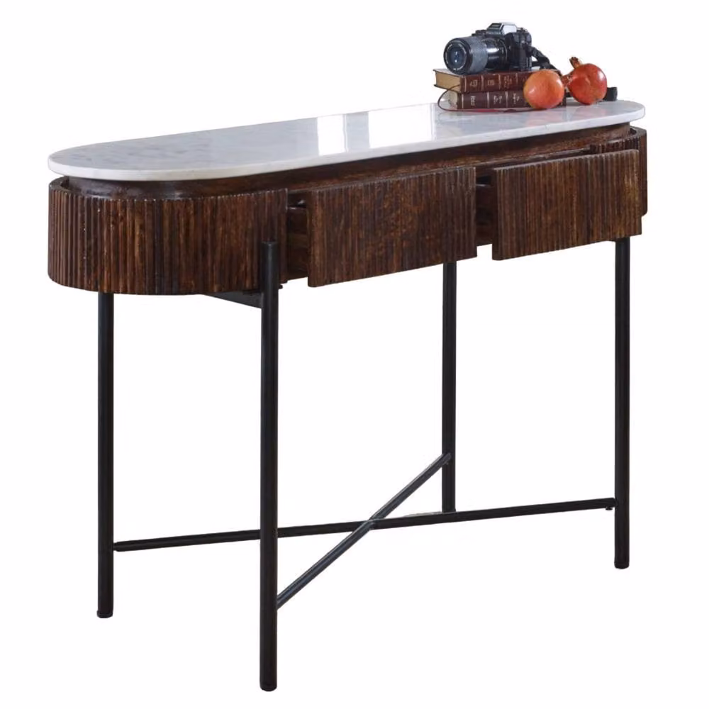 Wyld Haus Alabama Ribbed Mango Wood Console Table with Marble Top and Metal Legs in Brown, W/D/H: 120 x 77 x 40 cm – 2