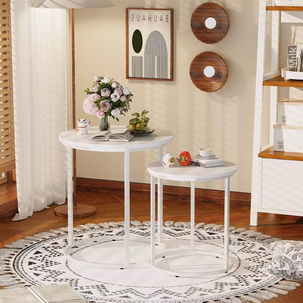 Huhote Round Nesting Coffee Tables Set of 2 with White Wood Tops and White Metal Frames – 3