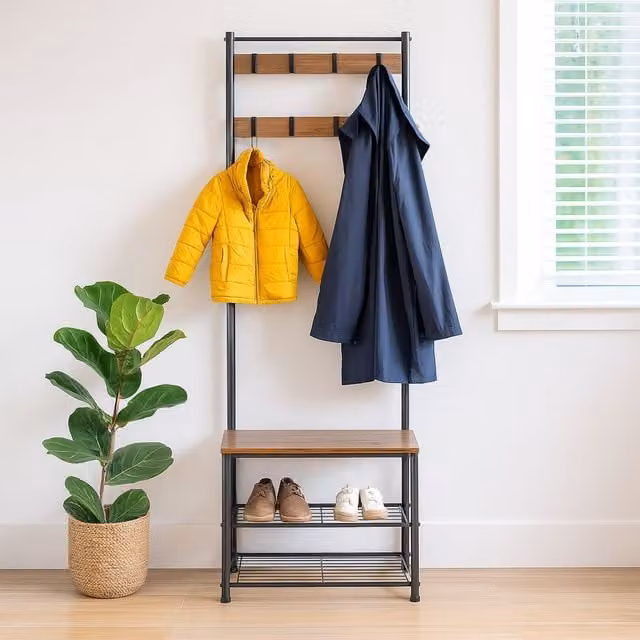 Harbour Housewares Industrial Hall Tree with Shoe Storage Bench and Coat Rack in Brown – 1
