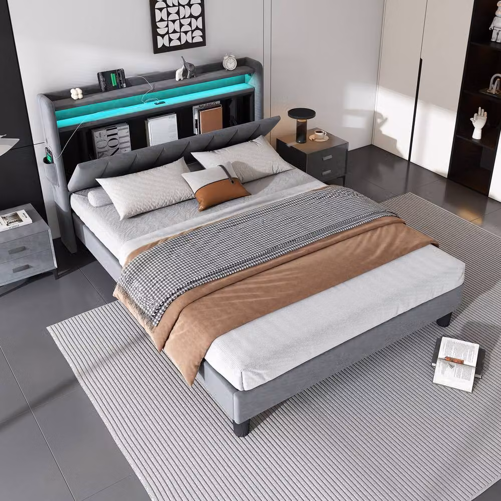 Rolipo Grey Velvet Upholstered Double Bed with Storage, LED Under-bed Lighting and USB-C Charging Port, W/D/H: 135 x 190 cm – 3