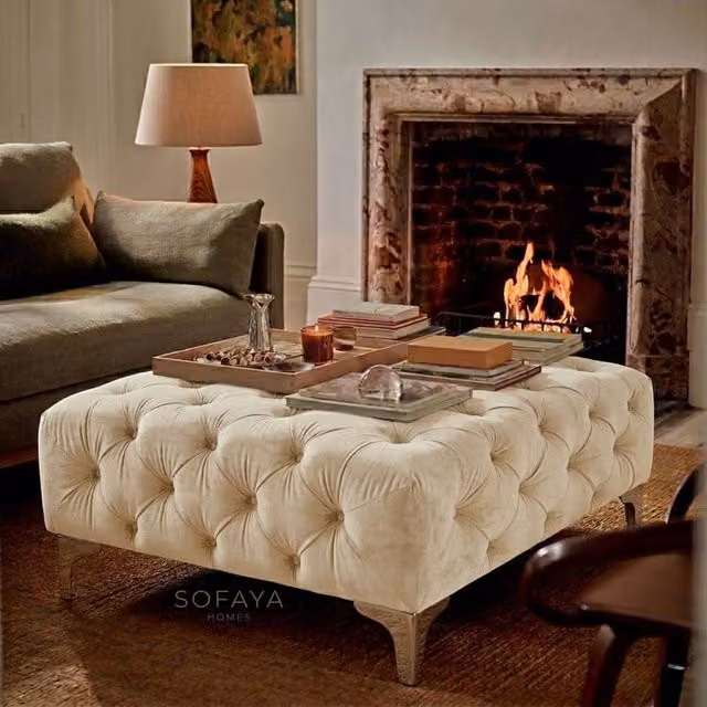 Sofaya Monaco Chesterfield Velvet Foot Stool and Coffee Table in Beige, W: 100 cm, D: 80 cm