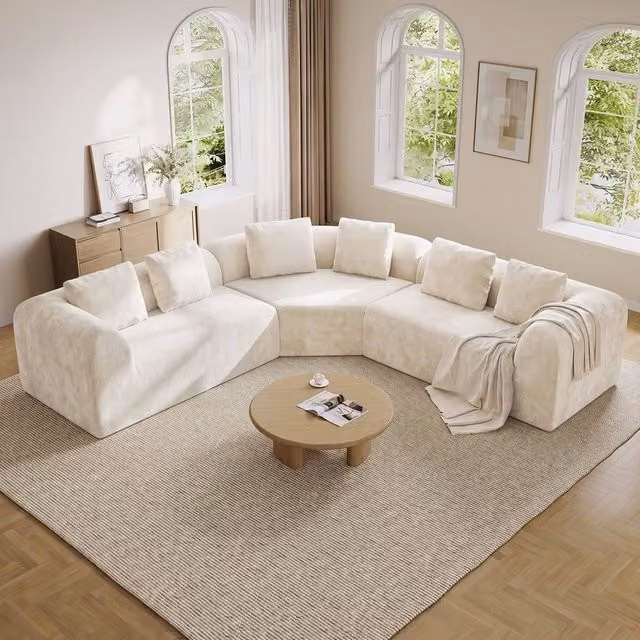 Dprodo Modular L-Shaped Chenille Corner Sofa in Beige with Scatter Cushions – 1