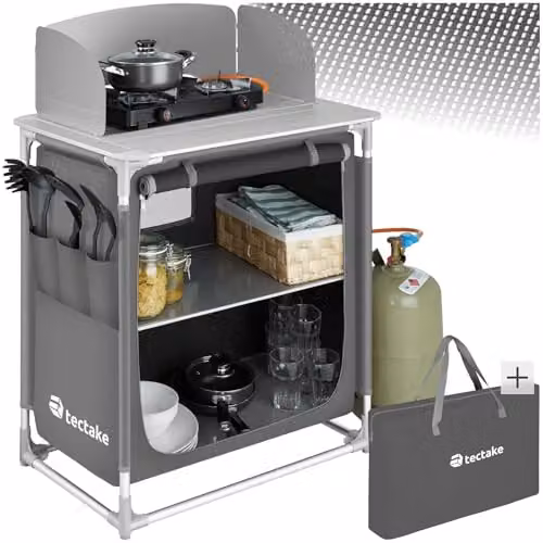 tectake Portable Camping Kitchen in Grey with Aluminium Frame, 2 Shelves, 3 External Pockets, Heat-Resistant Worktop and Zipped Door, W/D/H: 107 x 53.5 x 76 cm – 1