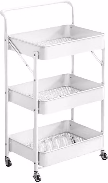 Nordara 3 Tier Metal Folding Trolley Cart Rolling Storage Shelf with Wheels in White