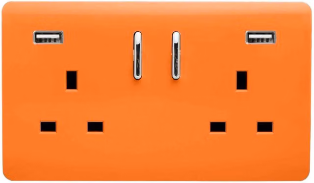 Trendi 2 Gang 13 Amp Flush Switched Socket with 2 x 3.1mA Type A USB Ports, Sunset Orange