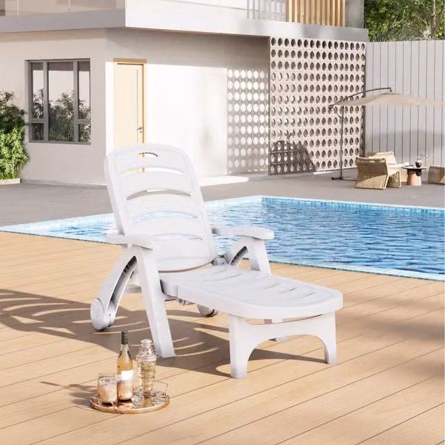 Livingandhome White Plastic Foldable Outdoor Poolside Lounger Recliner with Adjustable Headrest and Castors