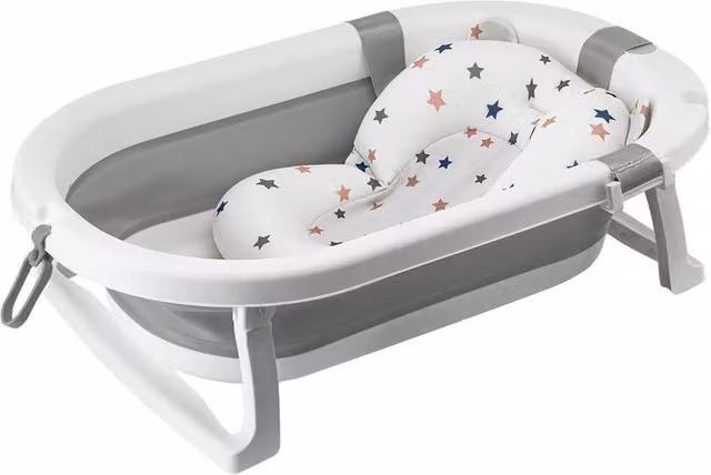 Simpa Foldable Baby Bath Tub with Stand and Support Cushion in White and Grey, W/D/H: 66.5 x 41 x 18 cm