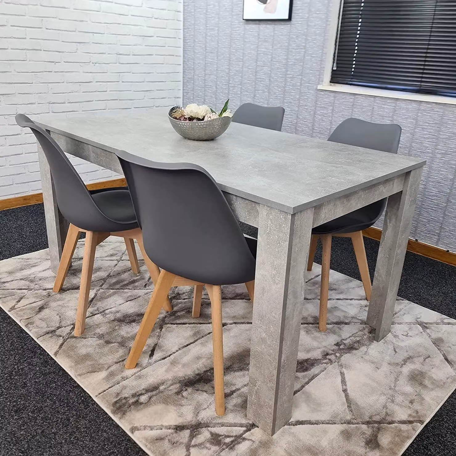 KOSY KOALA Modern Stone Grey Effect Wood Dining Table Set with 4 Grey Plastic Chairs in Brown – 2