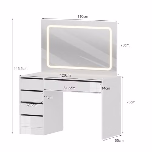 WestWood Hollywood LED Dressing Table in White Gloss with 5 Drawers, W: 120 cm, D: 48 cm, H: 145.5 cm – 2