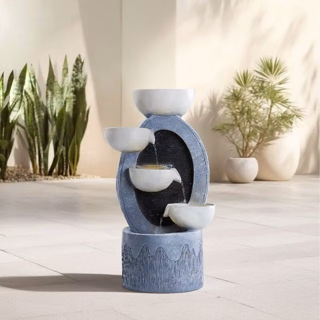 Lifeideas Modern Solar Tiered Bowl Fountain with LED Lights in Grey, Diameter: 30 cm