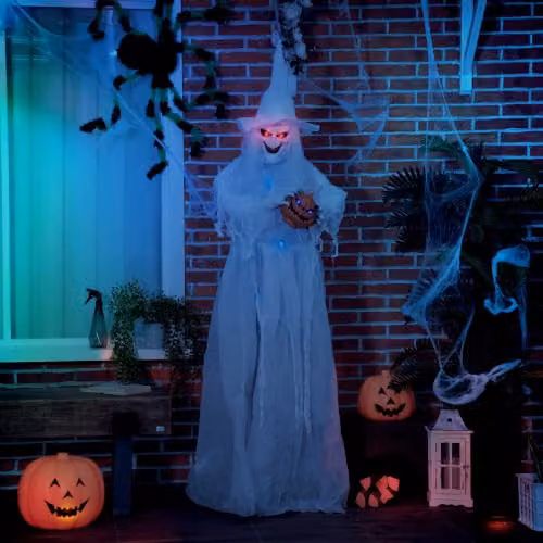 Outsunny 74 Inch White Witch Halloween Decoration with Light Up Eyes and Body holding a Pumpkin Head – 3