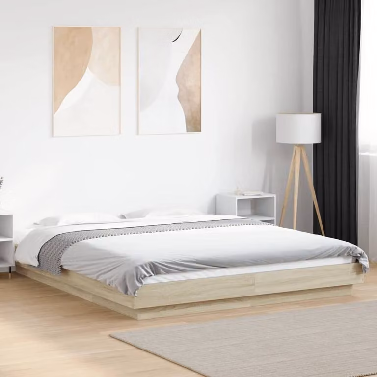 Berkfield Home Durable Sonoma Oak Bed Frame with Under-Bed LED Lighting in Brown, 160 x 200 cm
