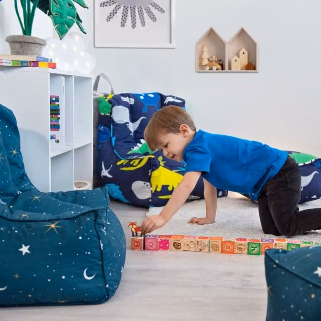 Ready Steady Bed Kids Bean Bag Armchair and Footstool Set with Geometric Print in Blue