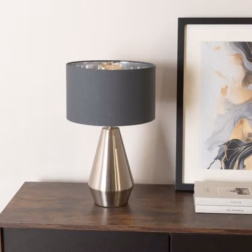 ValueLights Jax Brushed Chrome Touch Table Lamp with Charcoal Inner Shade and Warm White Bulb – 2