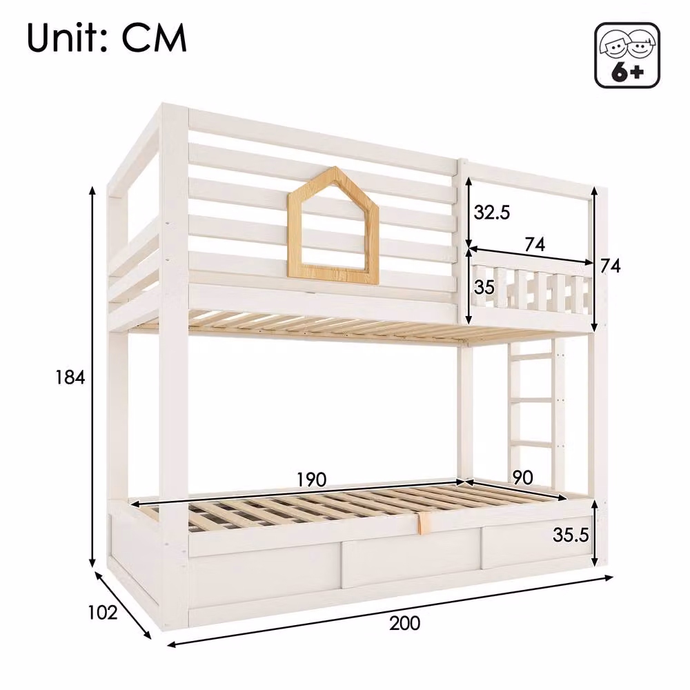 Rolipo Kids White Wooden Bunk Bed with Hydraulic Storage and House Frame, W/D/H: 90 x 190 cm – 2
