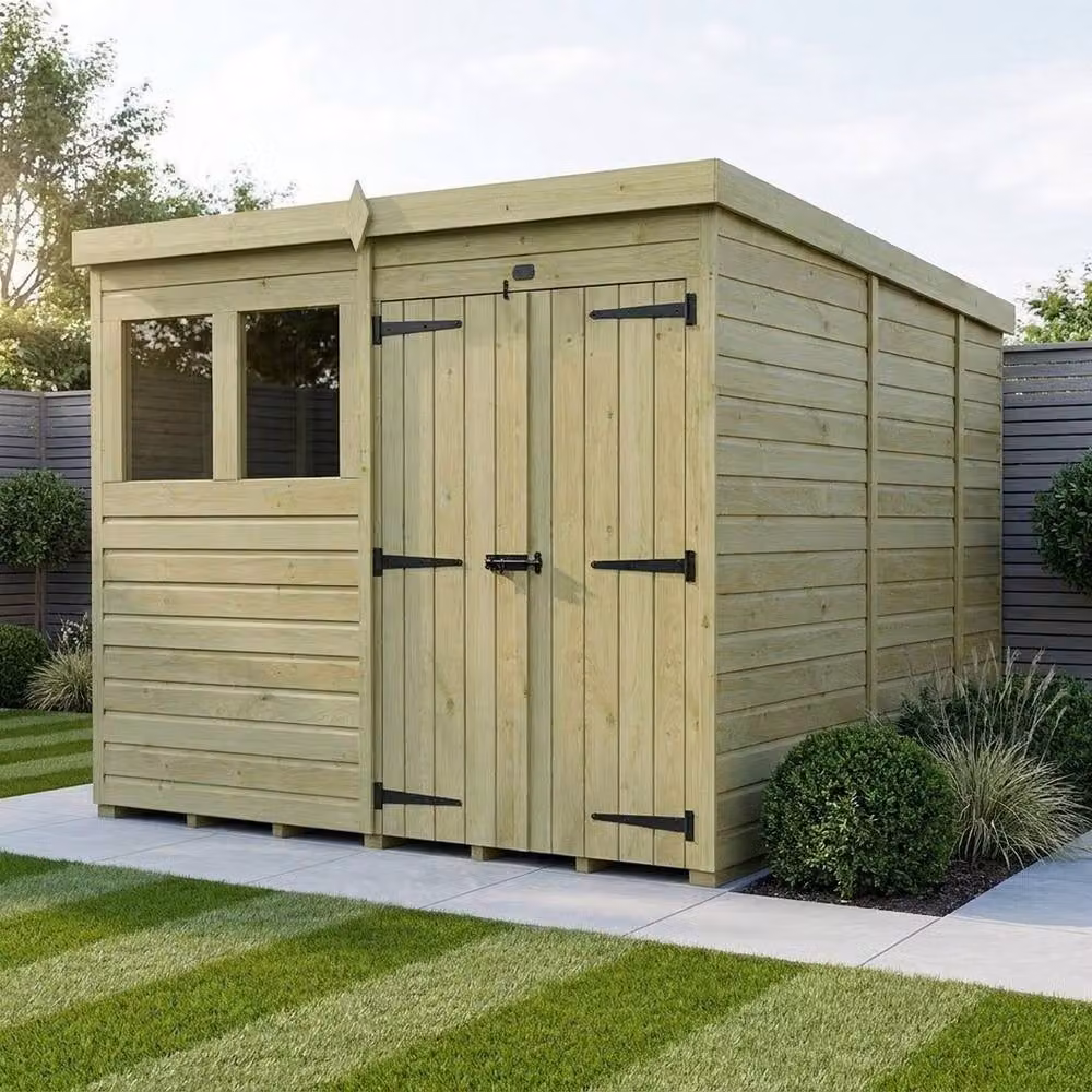 Buttercup Farm Brown Timber Pent Garden Shed with Double Doors and Windows, W: 244 cm, D: 274 cm, H: 210 cm – 2