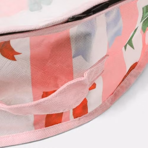 OHS Bow Stripe Wreath Storage Bag in Pink and White, Foldable Fabric Organiser with Lid and Handles – 2