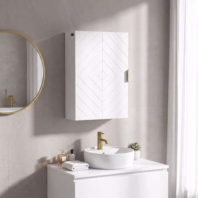 STILVORA Modern Wall Mounted Bathroom Cabinet with Adjustable Internal Shelves in White and Gold – 1