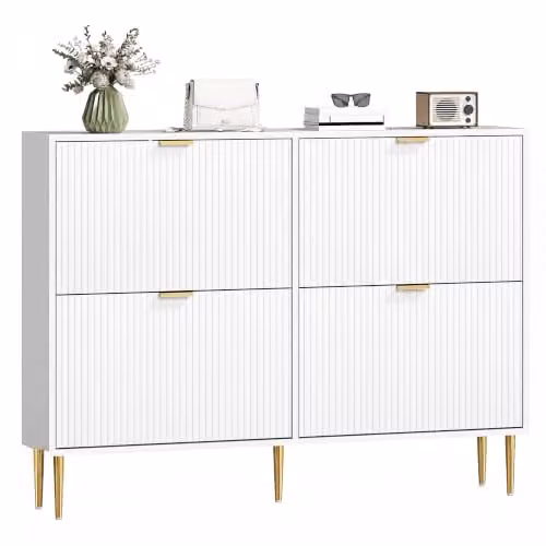 HOMCOM Narrow White Shoe Cabinet with 4 Tilting Compartments and Gold Accents, H 91.5 x W 105.0 x D 24.0 cm – 1