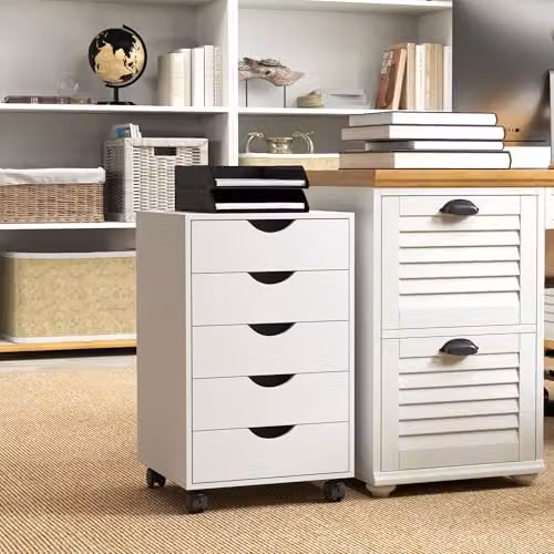 HOMCOM White Rolling Vertical Filing Cabinet with Castors – 6