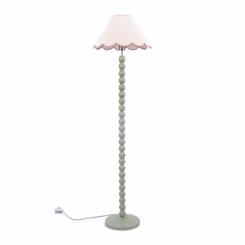 ValueLights Bobbin Stem Floor Lamp in Sage Green with Pink Scallop Fabric Shade