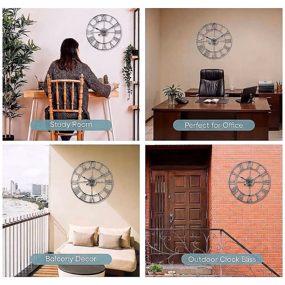 YnysTec Large Skeleton Metal Wall Clock with Roman Numerals in Silver, Diameter: 60 cm – 4