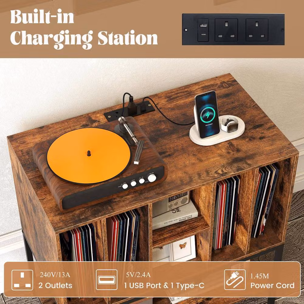Costway Industrial Record Player Stand and Turntable Table with Charging Station in Brown – 9