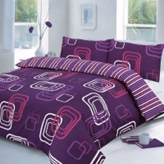 Homes-Linen Blake Geometric Reversible Duvet Cover Bedding Set in Purple, 200 x 200 cm
