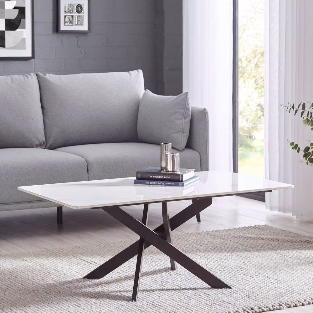 Cheshire Macallan Modern Rectangular Marble Coffee Table in White and Black – 2