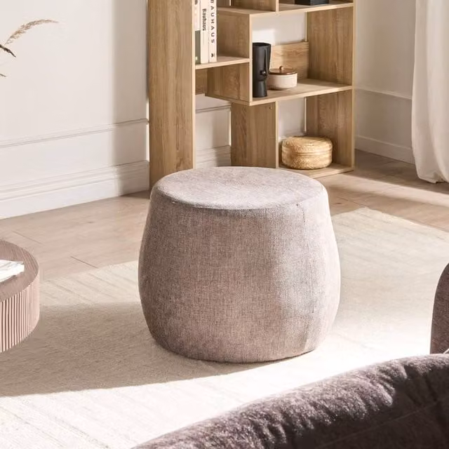 Wyld Haus Pouffe Round Drum Ottoman in Beige and Brown, W/D/H: 61 x 61 x 43 cm