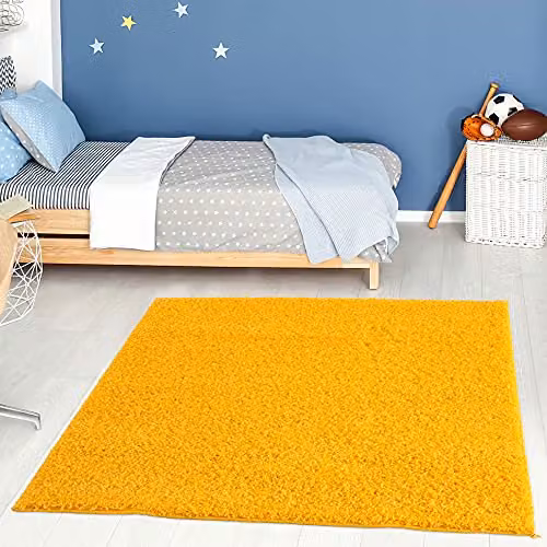 THE RUGS Yellow Plain High Pile Shaggy Square Rug, W/D: 120 x 120 cm