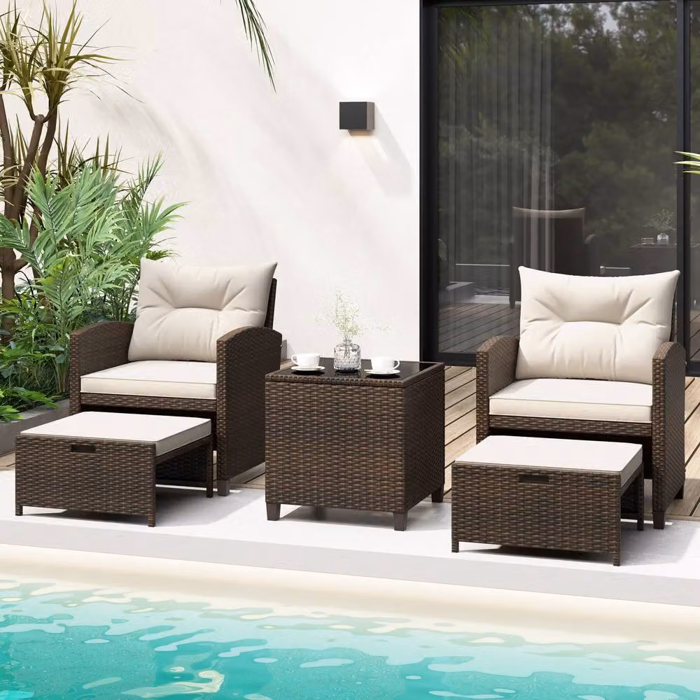 Gymax 5 Piece Brown Polyrattan Patio Furniture Set with Upholstered Cushions, Coffee Table and Ottoman – 8
