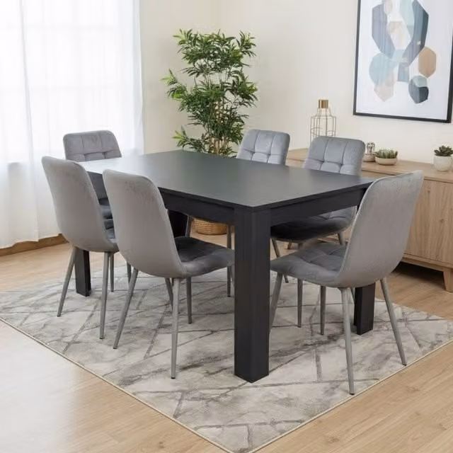Kosy Koala Arrow Charcoal Rectangular Dining Table Set with 6 Grey Velvet Upholstered Chairs