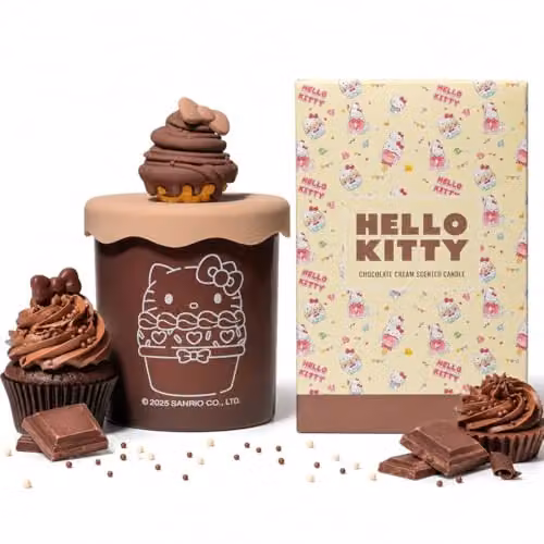 Hello Kitty Bakery Chocolate Cream Scented Candle in a Brown Glass Jar with Decorative Silicone Cupcake Lid