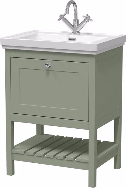 Balterley Bathroom 1 Soft Close Drawer Floor Vanity Unit Basin with Matt Green Finish, W: 63 cm, H: 86.5 cm