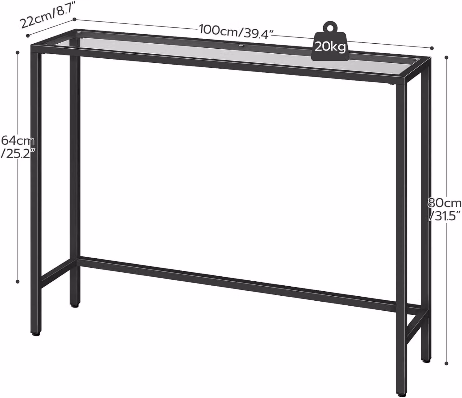Storvo Black Metal and Glass Minimalist Hallway Console Table W/D/H: 100 x 22 x 80 cm – 3
