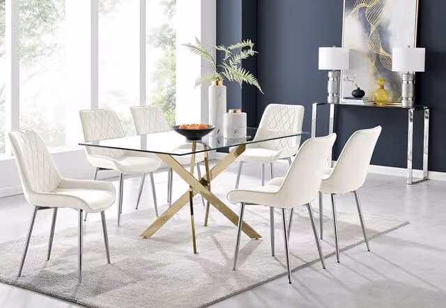 FurnitureboxUK Leonardo Gold Dining Table with Six Pesaro Silver Leg Chairs in Beige and Transparent Glass, W: 150 cm, D: 90 cm, H: 75 cm